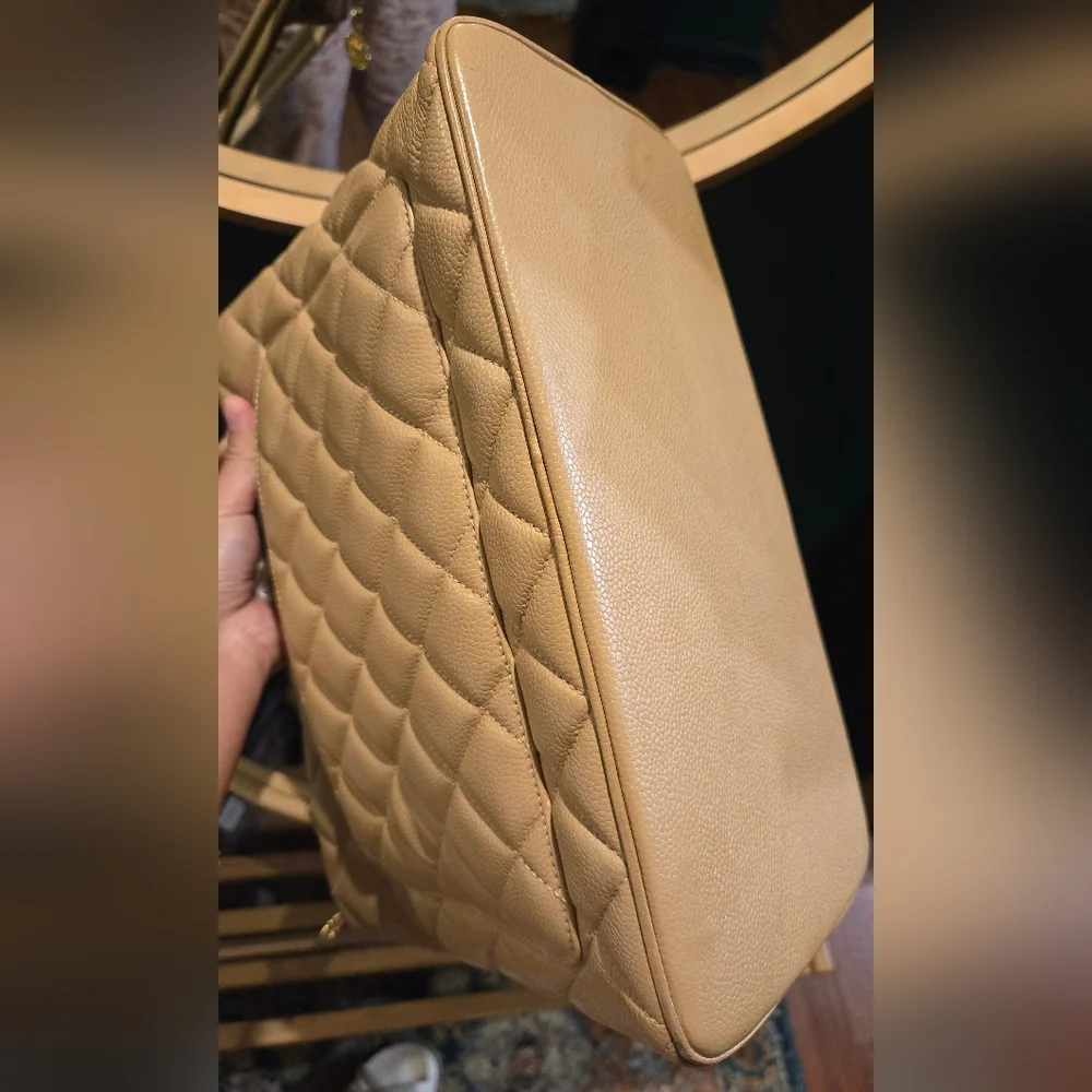 CHANEL Beige Quilted Tote MEDALLION Bag